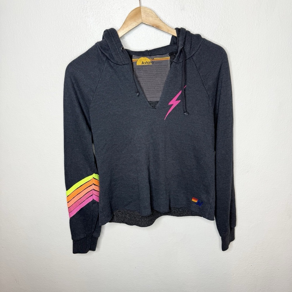 Aviator Nation Bolt Stitch Chevron Hoodie Sweatshirt Neon Women's Medium